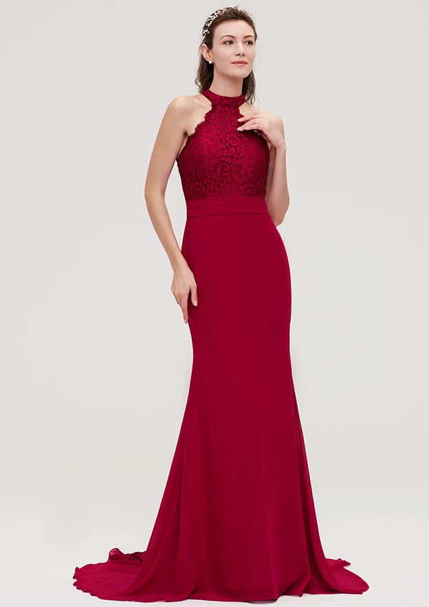 Court Train Chiffon Bridesmaid Dress, Trumpet/Mermaid Shape, Scoop Neck, Sleeveless, With Lace BM bride