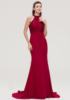 Court Train Chiffon Bridesmaid Dress, Trumpet/Mermaid Shape, Scoop Neck, Sleeveless, With Lace BM bride