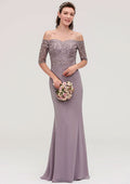 Floor-Length Chiffon Bridesmaid Dress, Sheath/Column Shape, Off-The-Shoulder, Half Sleeve, With Applique BM bride