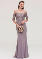 Floor-Length Chiffon Bridesmaid Dress, Sheath/Column Shape, Off-The-Shoulder, Half Sleeve, With Applique BM bride