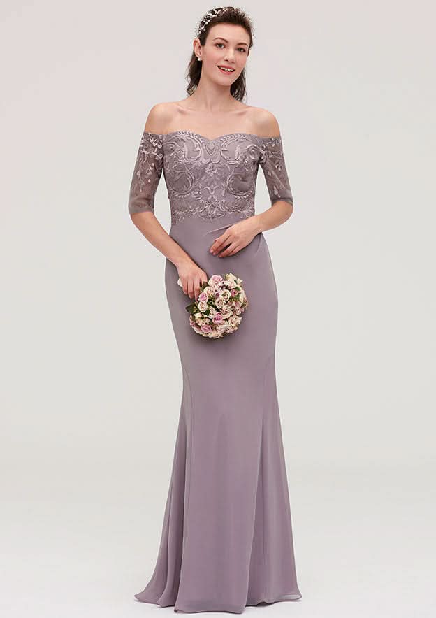 Floor-Length Chiffon Bridesmaid Dress, Sheath/Column Shape, Off-The-Shoulder, Half Sleeve, With Applique BM bride