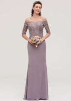 Floor-Length Chiffon Bridesmaid Dress, Sheath/Column Shape, Off-The-Shoulder, Half Sleeve, With Applique BM bride