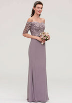 Floor-Length Chiffon Bridesmaid Dress, Sheath/Column Shape, Off-The-Shoulder, Half Sleeve, With Applique BM bride