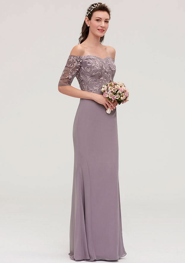 Floor-Length Chiffon Bridesmaid Dress, Sheath/Column Shape, Off-The-Shoulder, Half Sleeve, With Applique BM bride