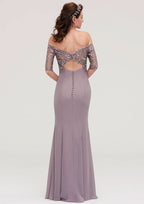 Floor-Length Chiffon Bridesmaid Dress, Sheath/Column Shape, Off-The-Shoulder, Half Sleeve, With Applique BM bride