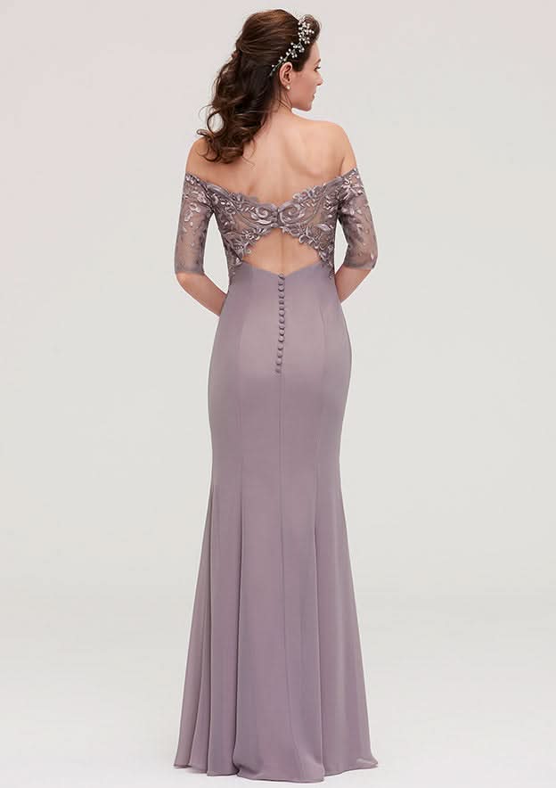 Floor-Length Chiffon Bridesmaid Dress, Sheath/Column Shape, Off-The-Shoulder, Half Sleeve, With Applique BM bride