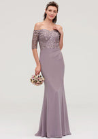 Floor-Length Chiffon Bridesmaid Dress, Sheath/Column Shape, Off-The-Shoulder, Half Sleeve, With Applique BM bride
