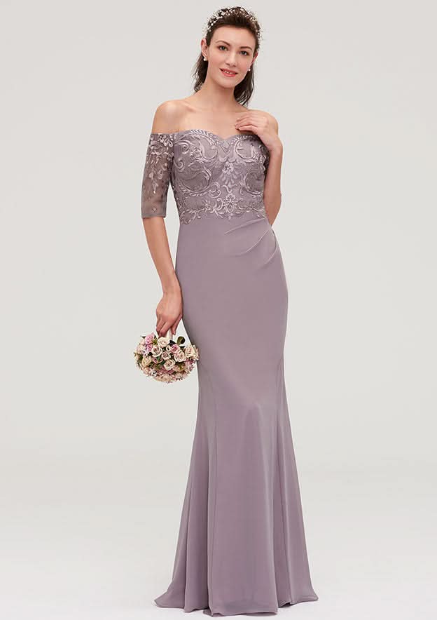 Floor-Length Chiffon Bridesmaid Dress, Sheath/Column Shape, Off-The-Shoulder, Half Sleeve, With Applique BM bride