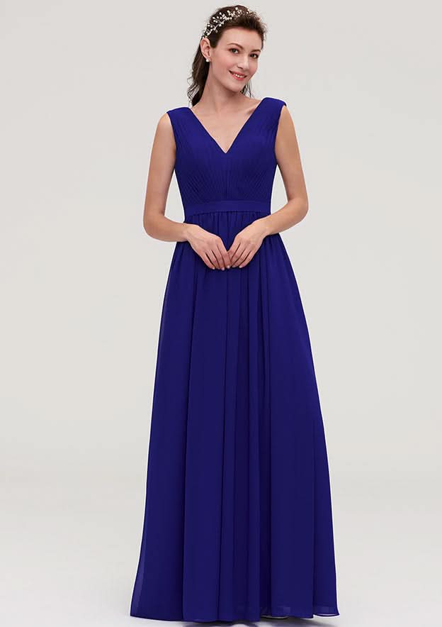 Floor-Length Chiffon Bridesmaid Dress, A-Line/Princess Style, V-Neck, Sleeveless, With Pleats BM bride