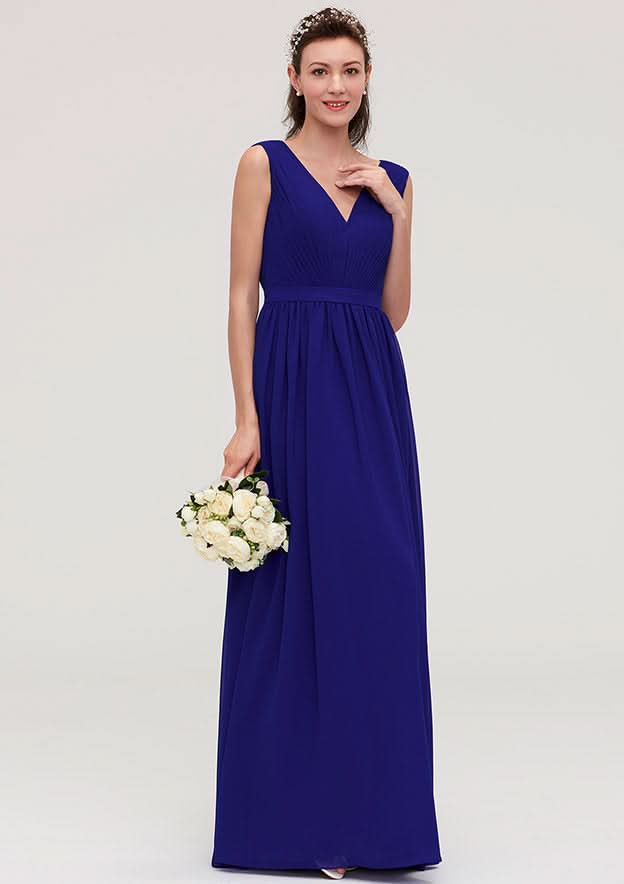 Floor-Length Chiffon Bridesmaid Dress, A-Line/Princess Style, V-Neck, Sleeveless, With Pleats BM bride