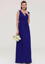 Floor-Length Chiffon Bridesmaid Dress, A-Line/Princess Style, V-Neck, Sleeveless, With Pleats BM bride