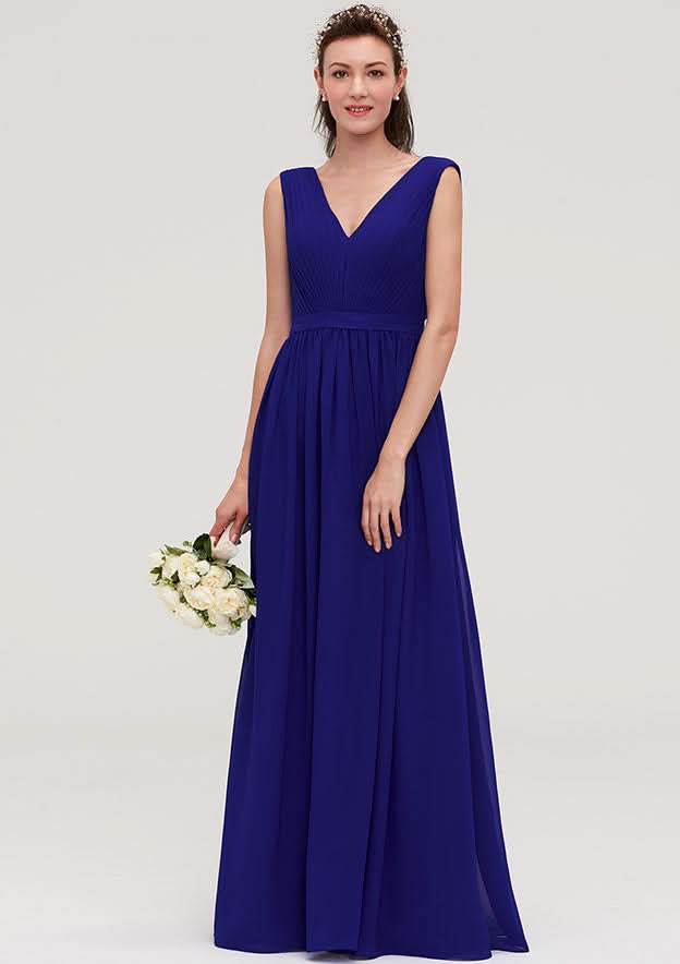 Floor-Length Chiffon Bridesmaid Dress, A-Line/Princess Style, V-Neck, Sleeveless, With Pleats BM bride
