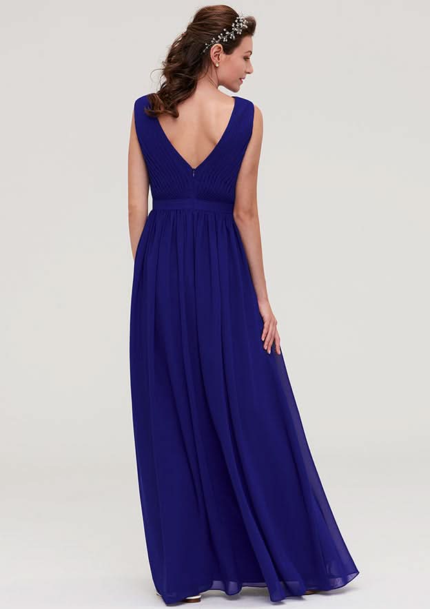 Floor-Length Chiffon Bridesmaid Dress, A-Line/Princess Style, V-Neck, Sleeveless, With Pleats BM bride