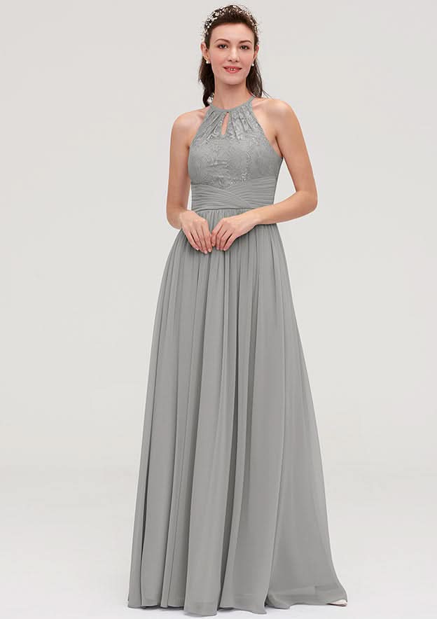 Floor-Length Chiffon Bridesmaid Dress, A-Line/Princess Cut, Scoop Neck, Sleeveless, With Pleats And Lace BM bride
