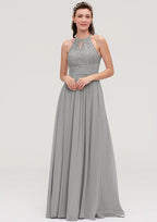 Floor-Length Chiffon Bridesmaid Dress, A-Line/Princess Cut, Scoop Neck, Sleeveless, With Pleats And Lace BM bride