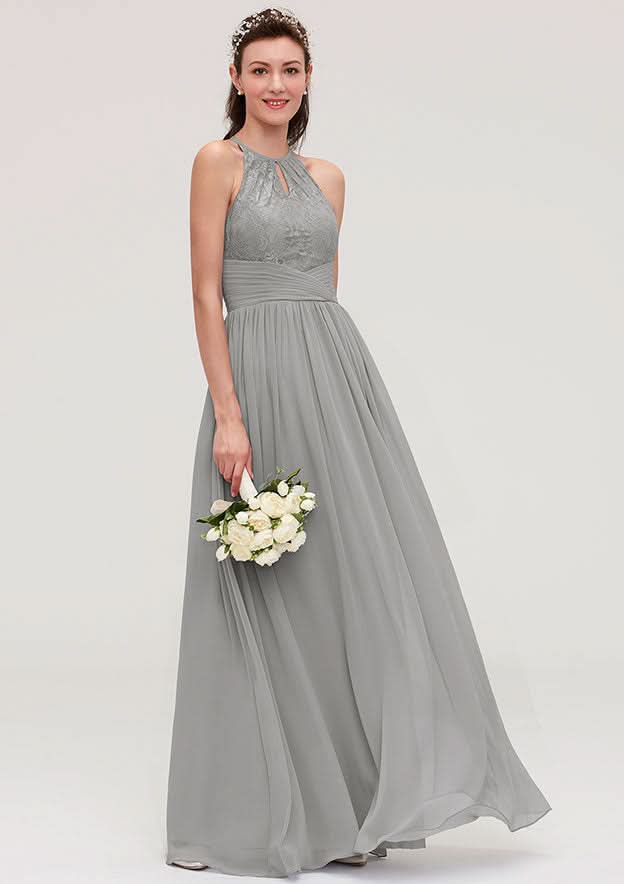 Floor-Length Chiffon Bridesmaid Dress, A-Line/Princess Cut, Scoop Neck, Sleeveless, With Pleats And Lace BM bride