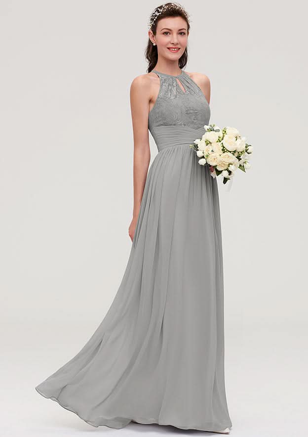 Floor-Length Chiffon Bridesmaid Dress, A-Line/Princess Cut, Scoop Neck, Sleeveless, With Pleats And Lace BM bride
