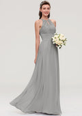 Floor-Length Chiffon Bridesmaid Dress, A-Line/Princess Cut, Scoop Neck, Sleeveless, With Pleats And Lace BM bride