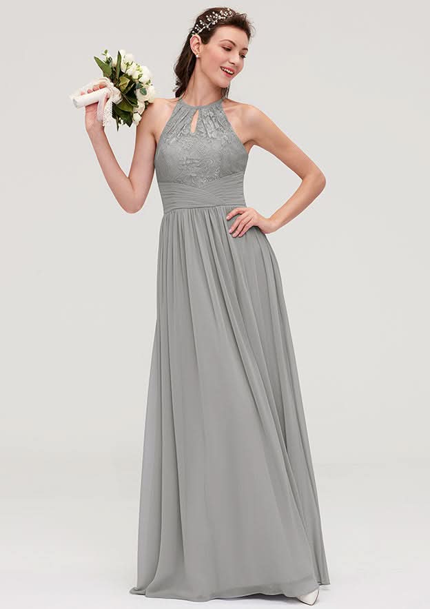 Floor-Length Chiffon Bridesmaid Dress, A-Line/Princess Cut, Scoop Neck, Sleeveless, With Pleats And Lace BM bride