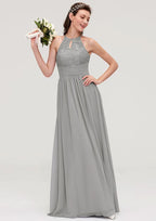 Floor-Length Chiffon Bridesmaid Dress, A-Line/Princess Cut, Scoop Neck, Sleeveless, With Pleats And Lace BM bride