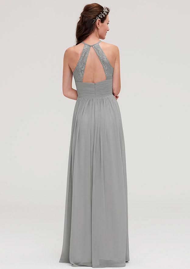 Floor-Length Chiffon Bridesmaid Dress, A-Line/Princess Cut, Scoop Neck, Sleeveless, With Pleats And Lace BM bride