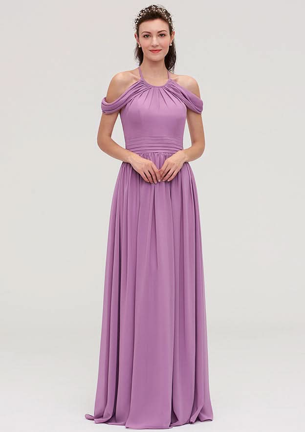 Floor-Length Chiffon Bridesmaid Dress, A-Line/Princess Shape, Scoop Neck, Sleeveless, With Pleats BM bride