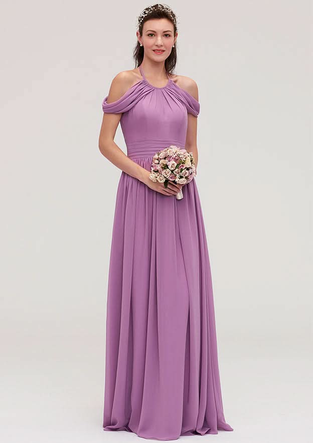 Floor-Length Chiffon Bridesmaid Dress, A-Line/Princess Shape, Scoop Neck, Sleeveless, With Pleats BM bride