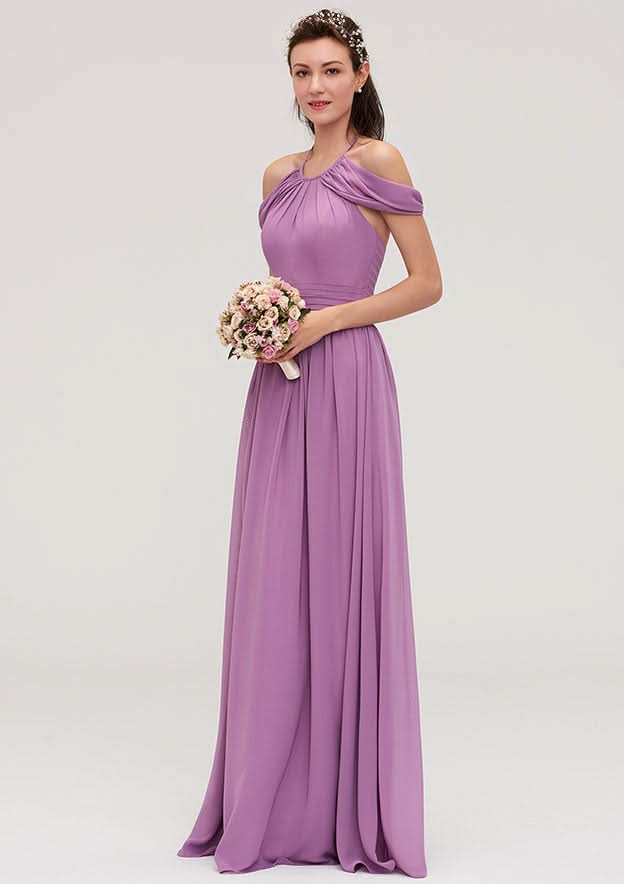 Floor-Length Chiffon Bridesmaid Dress, A-Line/Princess Shape, Scoop Neck, Sleeveless, With Pleats BM bride