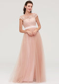 Floor-Length Tulle Bridesmaid Dress, A-Line/Princess Shape, Bateau Neck, Sleeveless, With Sashes And Lace BM bride
