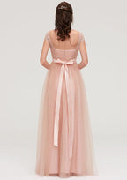 Floor-Length Tulle Bridesmaid Dress, A-Line/Princess Shape, Bateau Neck, Sleeveless, With Sashes And Lace BM bride