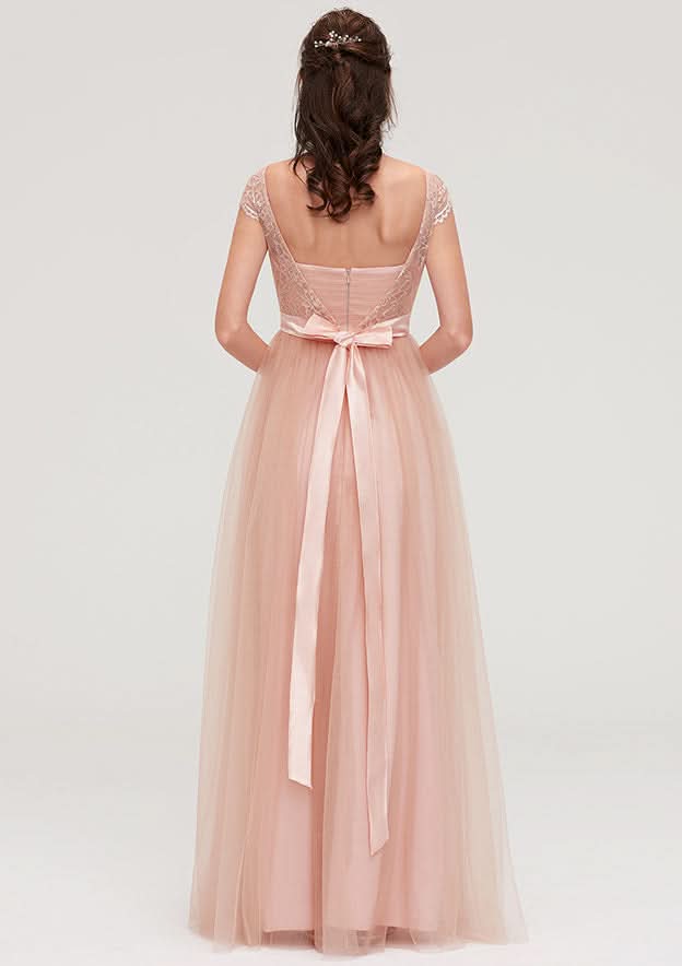 Floor-Length Tulle Bridesmaid Dress, A-Line/Princess Shape, Bateau Neck, Sleeveless, With Sashes And Lace BM bride