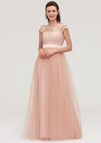 Floor-Length Tulle Bridesmaid Dress, A-Line/Princess Shape, Bateau Neck, Sleeveless, With Sashes And Lace BM bride