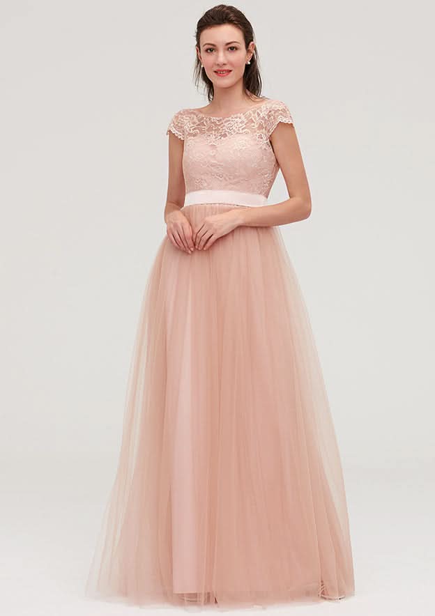 Floor-Length Tulle Bridesmaid Dress, A-Line/Princess Shape, Bateau Neck, Sleeveless, With Sashes And Lace BM bride
