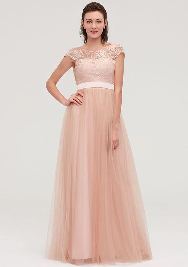 Floor-Length Tulle Bridesmaid Dress, A-Line/Princess Shape, Bateau Neck, Sleeveless, With Sashes And Lace BM bride