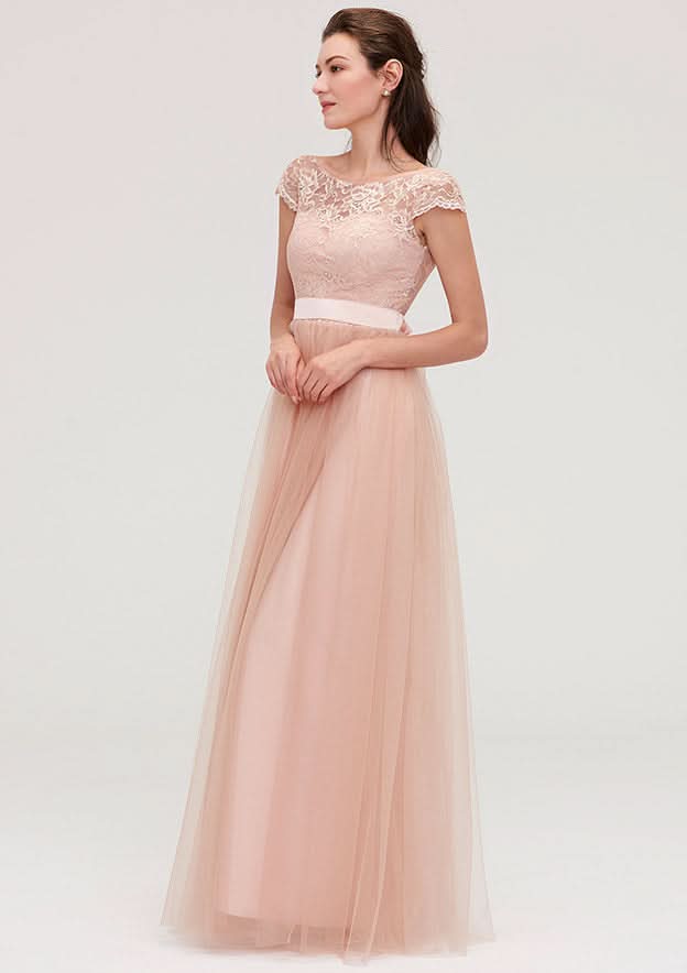 Floor-Length Tulle Bridesmaid Dress, A-Line/Princess Shape, Bateau Neck, Sleeveless, With Sashes And Lace BM bride