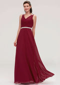 A-Line/Princess Floor-Length Sleeveless Chiffon Bridesmaid Dress, V-Neck With Waistband, Beading, And Pleats BM bride