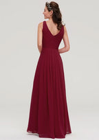 A-Line/Princess Floor-Length Sleeveless Chiffon Bridesmaid Dress, V-Neck With Waistband, Beading, And Pleats BM bride