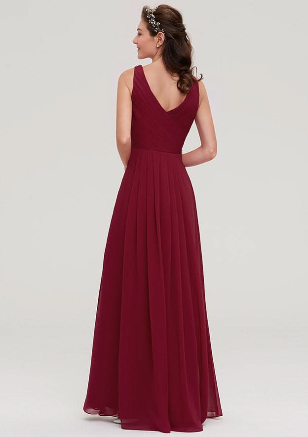 A-Line/Princess Floor-Length Sleeveless Chiffon Bridesmaid Dress, V-Neck With Waistband, Beading, And Pleats BM bride
