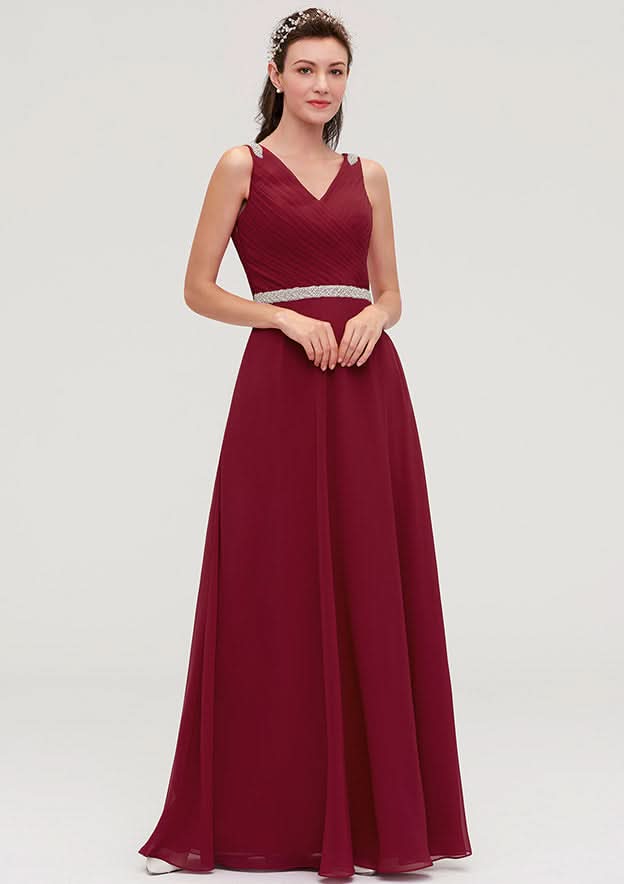 A-Line/Princess Floor-Length Sleeveless Chiffon Bridesmaid Dress, V-Neck With Waistband, Beading, And Pleats BM bride
