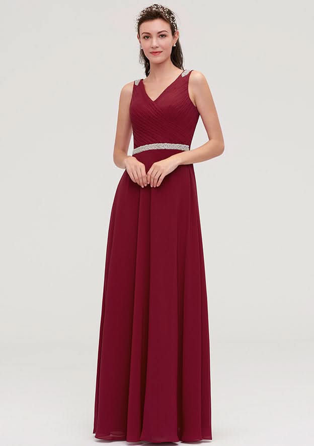 A-Line/Princess Floor-Length Sleeveless Chiffon Bridesmaid Dress, V-Neck With Waistband, Beading, And Pleats BM bride