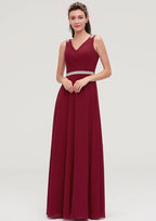 A-Line/Princess Floor-Length Sleeveless Chiffon Bridesmaid Dress, V-Neck With Waistband, Beading, And Pleats BM bride