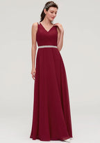 A-Line/Princess Floor-Length Sleeveless Chiffon Bridesmaid Dress, V-Neck With Waistband, Beading, And Pleats BM bride