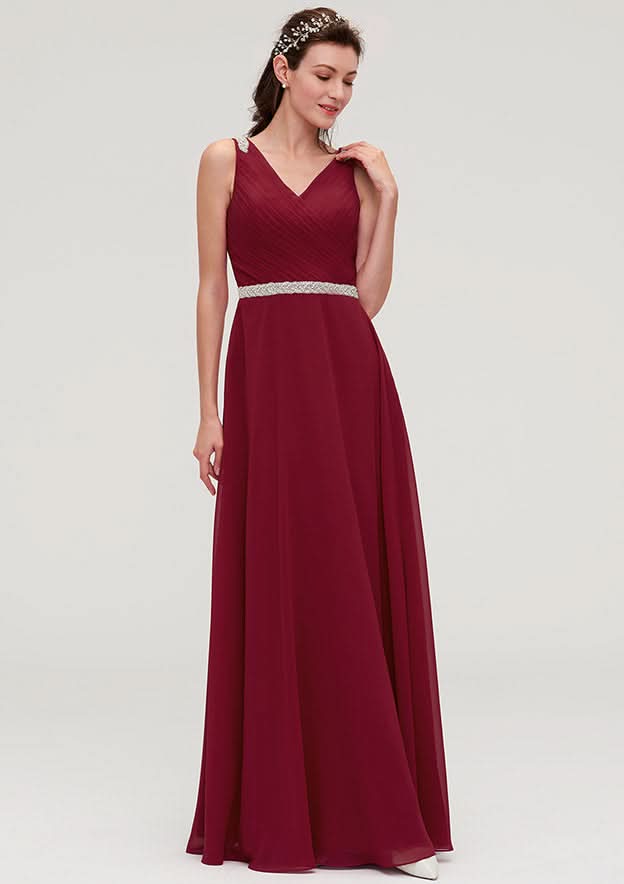 A-Line/Princess Floor-Length Sleeveless Chiffon Bridesmaid Dress, V-Neck With Waistband, Beading, And Pleats BM bride
