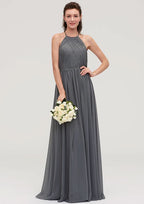 Floor-Length Chiffon Bridesmaid Dress, A-Line/Princess Cut, Halter Neck, Sleeveless, With Pleats BM bride