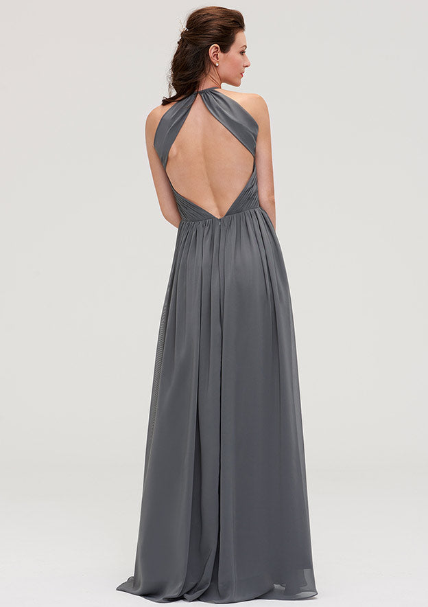 Floor-Length Chiffon Bridesmaid Dress, A-Line/Princess Cut, Halter Neck, Sleeveless, With Pleats BM bride
