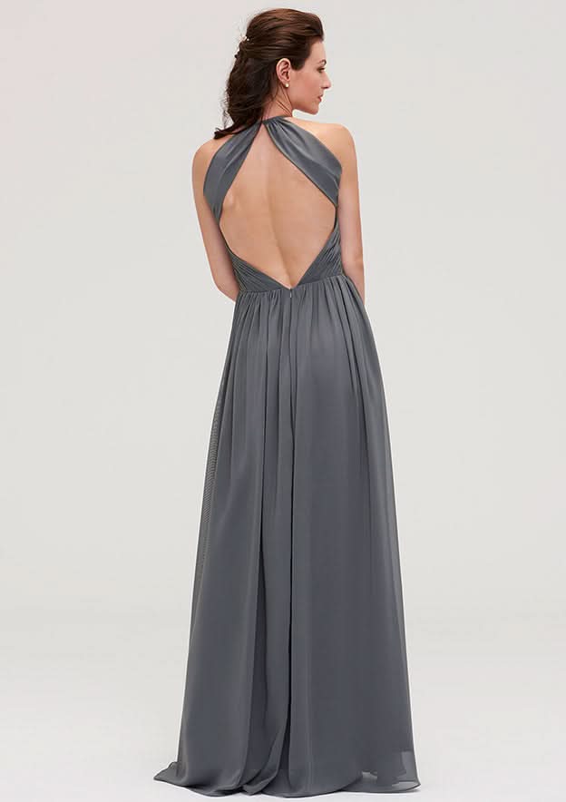 Floor-Length Chiffon Bridesmaid Dress, A-Line/Princess Cut, Halter Neck, Sleeveless, With Pleats BM bride