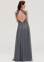 Floor-Length Chiffon Bridesmaid Dress, A-Line/Princess Cut, Halter Neck, Sleeveless, With Pleats BM bride