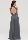 Floor-Length Chiffon Bridesmaid Dress, A-Line/Princess Cut, Halter Neck, Sleeveless, With Pleats BM bride