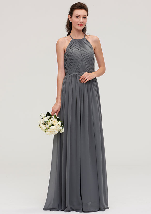 Floor-Length Chiffon Bridesmaid Dress, A-Line/Princess Cut, Halter Neck, Sleeveless, With Pleats BM bride