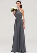 Floor-Length Chiffon Bridesmaid Dress, A-Line/Princess Cut, Halter Neck, Sleeveless, With Pleats BM bride